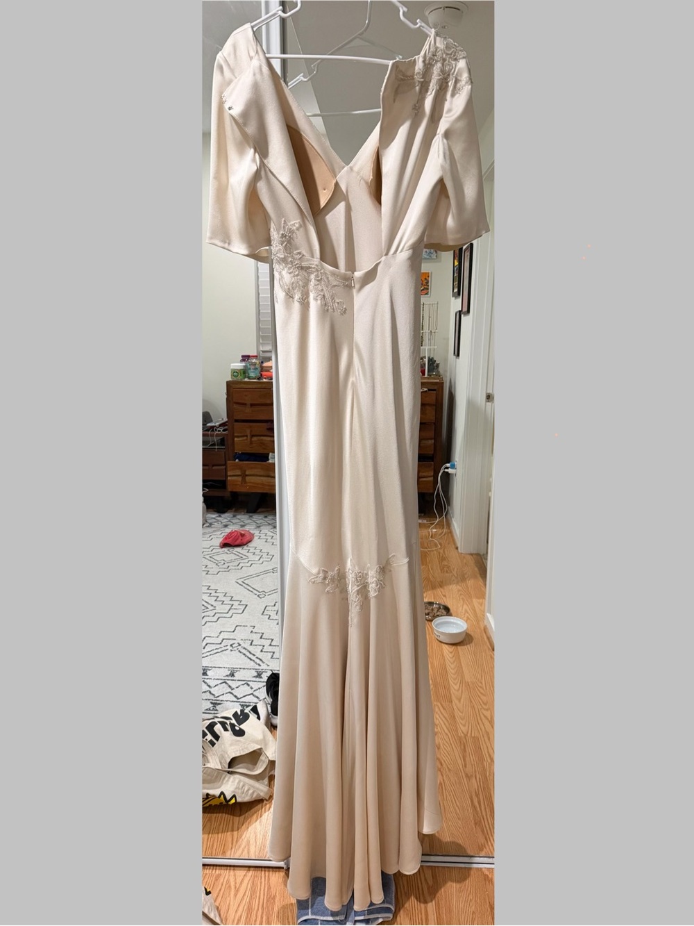 Jenny Yoo Cream Satin V-Neck Wedding Dress with Lace Appliqué - Picture 5 of 6